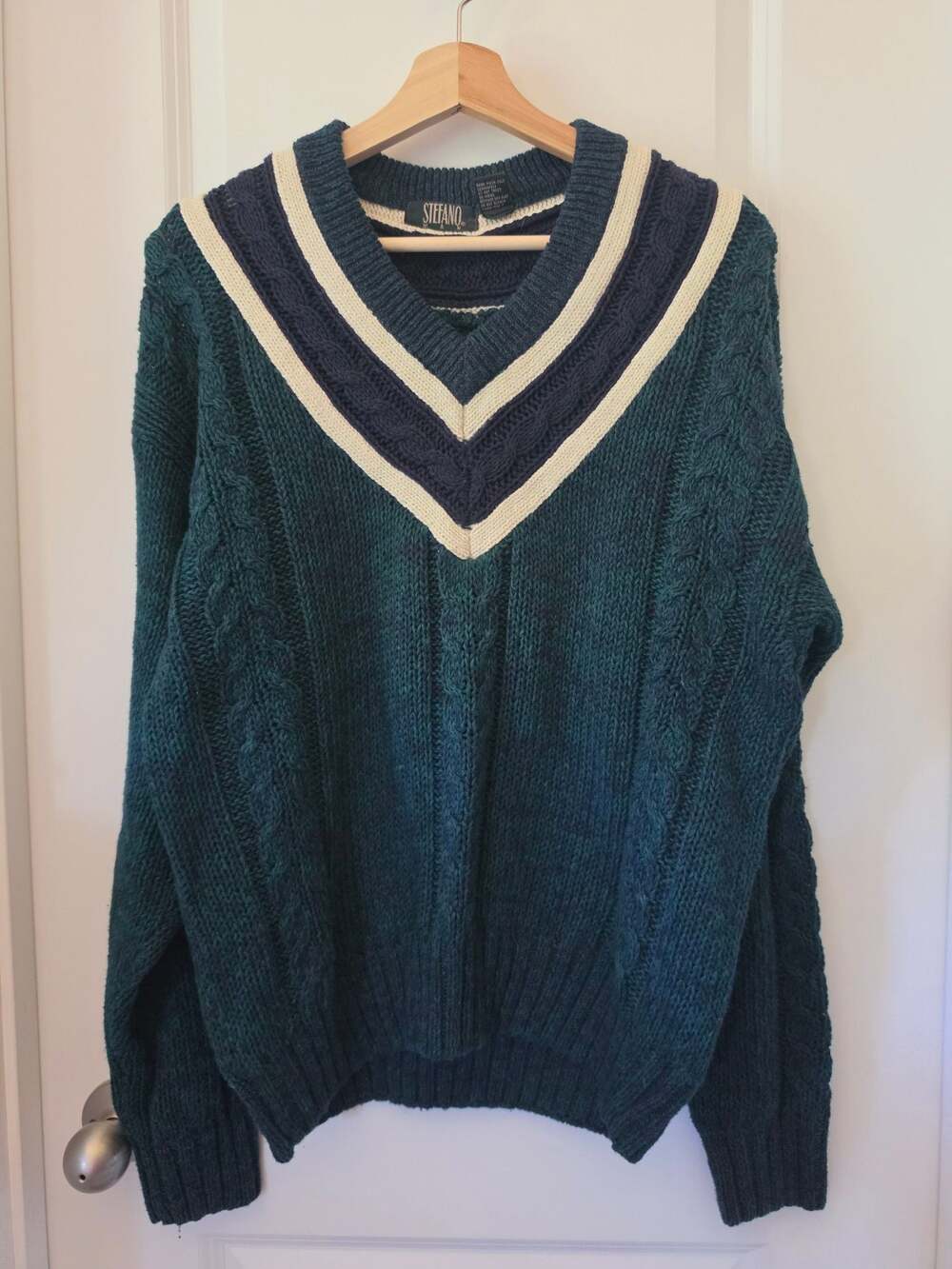 Vintage Stefano Cable Knit Varsity Cricket Sweater Ramie Cotton Green Navy Men M